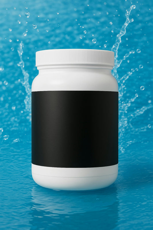 White bottle with black label on blue water